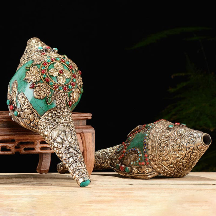 Buddha Stones Tibetan Handmade Engraved Shankha Double Dorje Buddha Conch Shell Wealth Positive Decoration - image 0