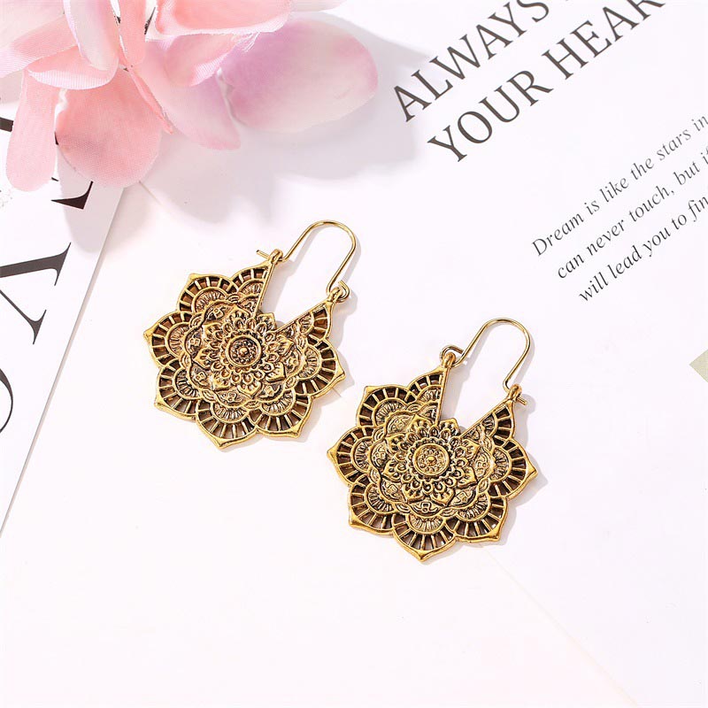 Buddha Stones Tibetan Lotus Engraving Copper Blessing Drop Earrings - image 3