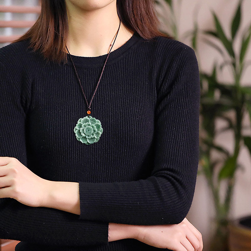 Buddha Stones Lotus Pattern Jade Luck Prosperity Necklace Pendant - image 2