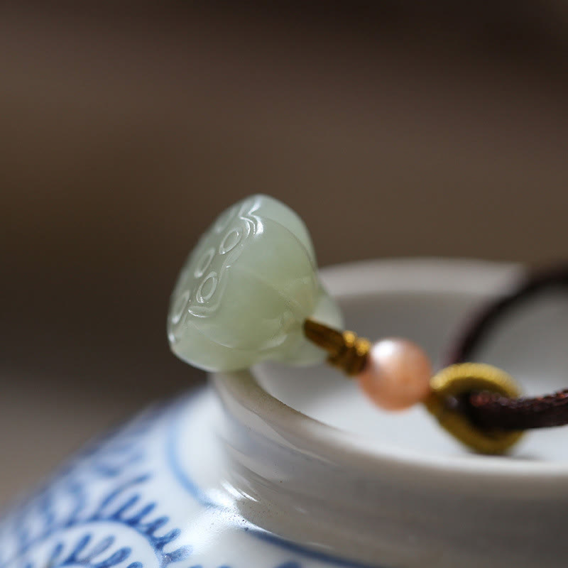 Buddha Stones Natural Round Jade Peace Buckle Lotus Abundance String Necklace Pendant - image 7