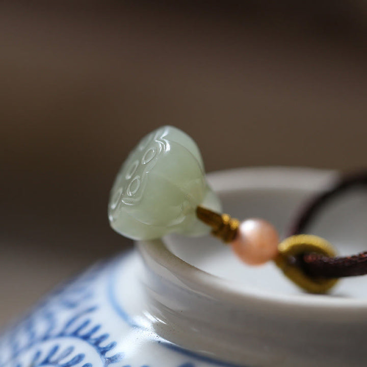 Buddha Stones Natural Round Jade Peace Buckle Lotus Abundance String Necklace Pendant - image 7
