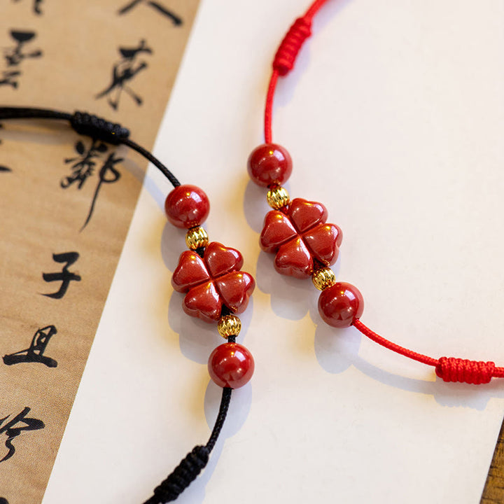 Buddha Stones Four Leaf Clover Cinnabar Blessing Calm String Bracelet Anklet - image 2