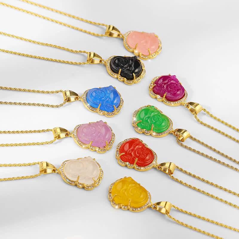 Buddha Stones 18K Gold Filled Laughing Buddha Jade Luck Necklace Chain Pendant - image 18