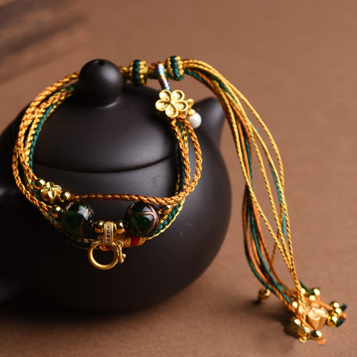 Buddha Stones Tibetan Handmade Rope Liuli Glass Bead Braided Multilayered Healing Bracelet - 15-22cm - image 0