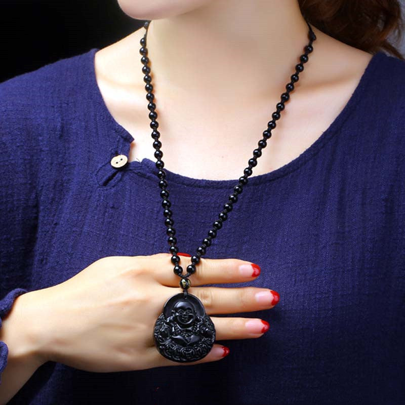 Buddha Stones Laughing Buddha Black Obsidian Strength Protection Pendant Necklace - image 2