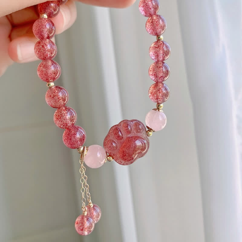 Buddha Stones Natural Strawberry Quartz Pink Crystal Lucky Cat Paw Love Bracelet - image 4