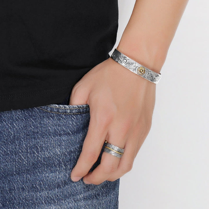 Buddha Stones Tang Dynasty Flower Design Rose Flower Feather Carved Copper Luck Bracelet Bangle - image 4