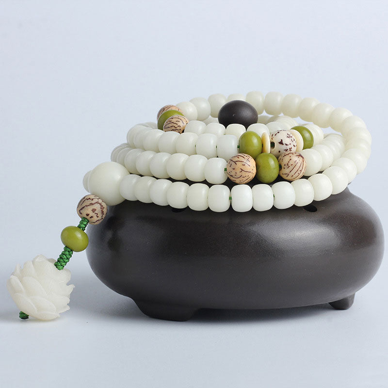 Buddha Stones White Jade Bodhi Lotus Mala Harmony Necklace Bracelet - image 17