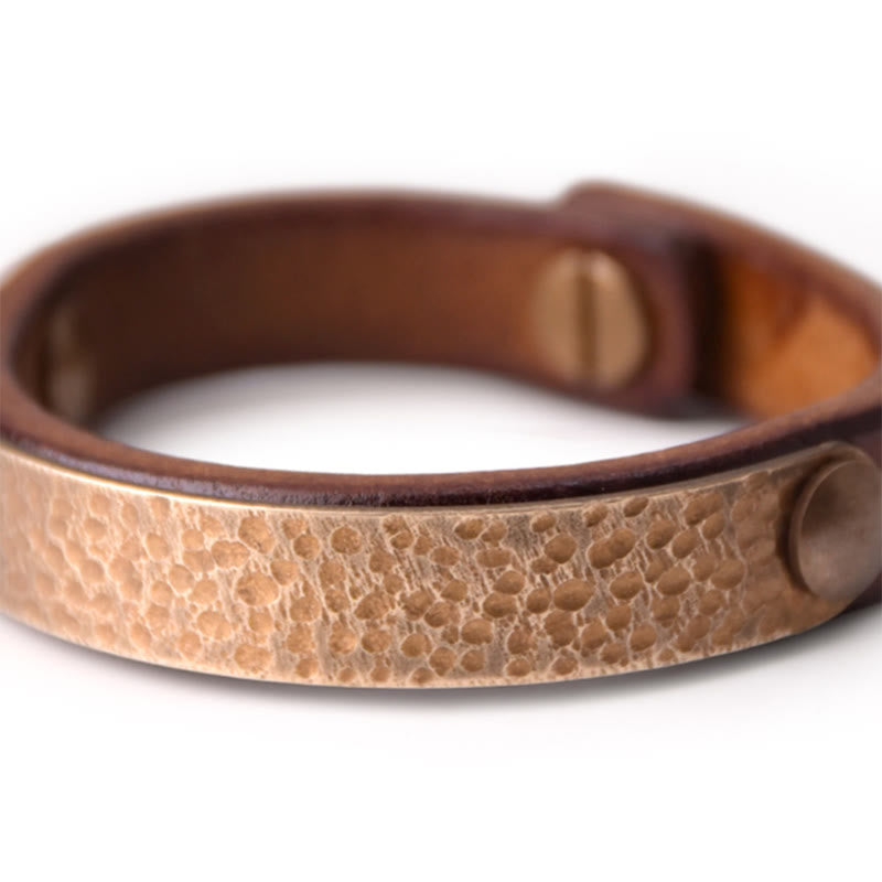 Buddha Stones Vintage Handmade Texture Copper Brass Leather Wealth Bracelet Bangle - image 2