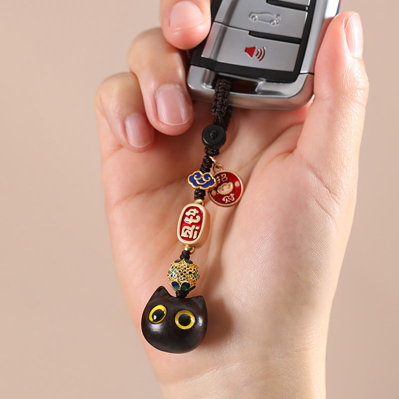 Buddha Stones Ebony Wood Lucky Cat Auspicious Cloud Peace Key Chain Phone Hanging Decoration - image 4