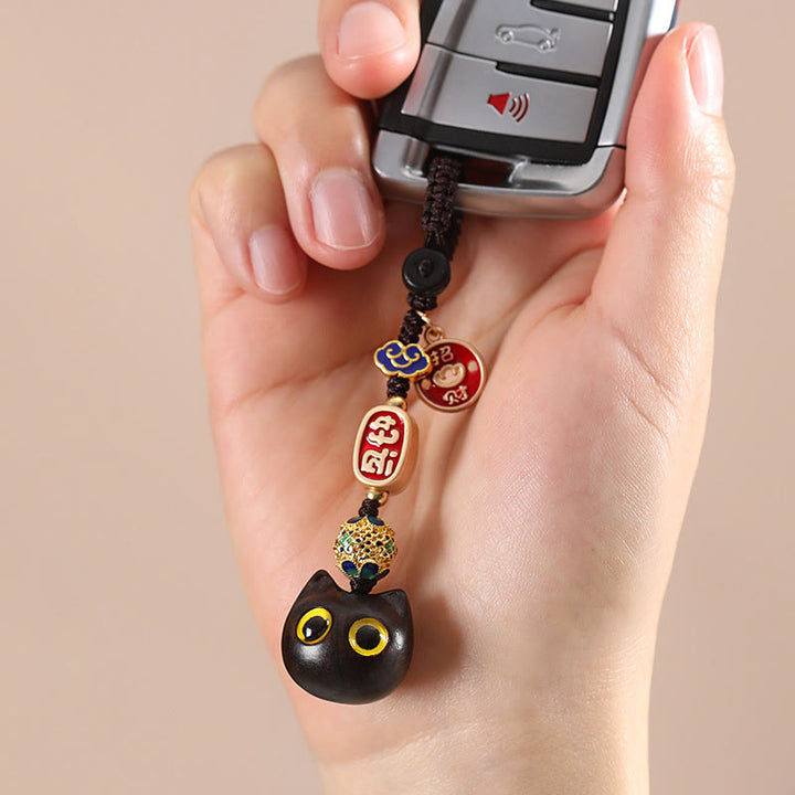 Buddha Stones Ebony Wood Lucky Cat Auspicious Cloud Peace Key Chain Phone Hanging Decoration - image 4