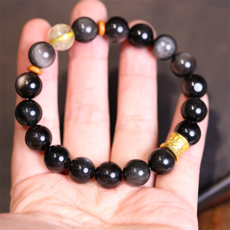 Buddha Stones Natural Silver Sheen Obsidian Crystal Om Mani Padme Hum Bead Protection Bracelet - image 5