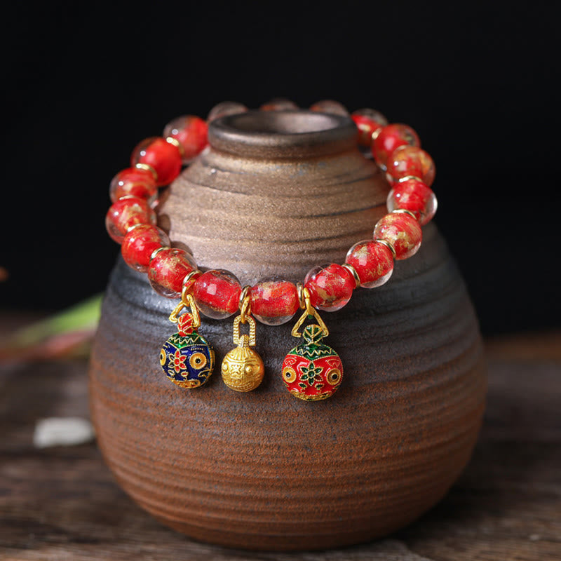 Buddha Stones Gold Swallowing Beast Family Charm Gold Silver Foil Liuli Glass Bead Blessings Bracelet - Red Gold - 10mm(18 Beads) - image 2