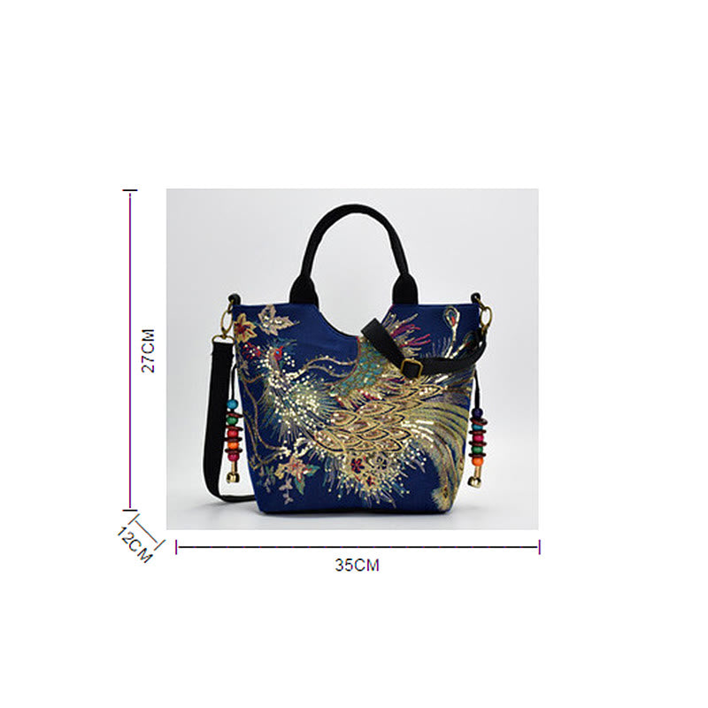 Buddha Stones Peacock Double-sided Embroidery Tote Bag Shoulder Bag Crossbody Bag - image 7