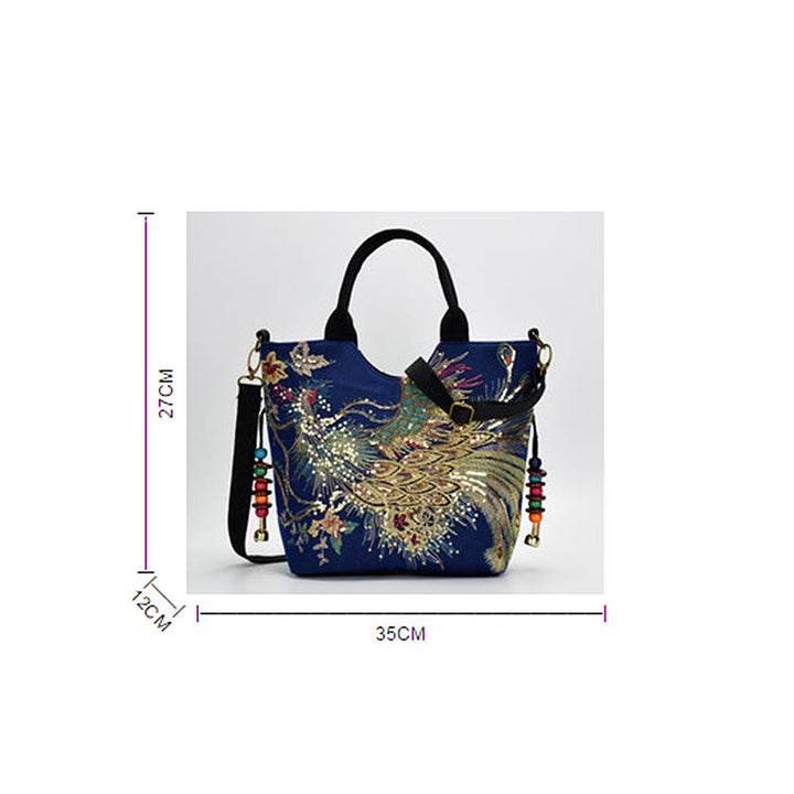 Buddha Stones Peacock Double-sided Embroidery Tote Bag Shoulder Bag Crossbody Bag - image 7
