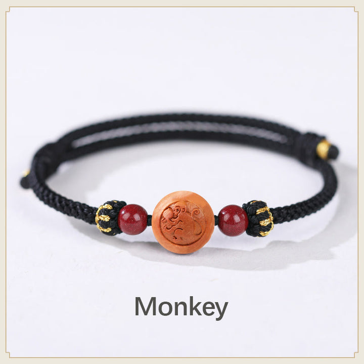 Buddha Stones Natural Peach Wood Chinese Zodiac Fu Character Carved Cinnabar Wealth Bracelet - Monkey-Black(Wrist Circumference 14-18cm) - image 23