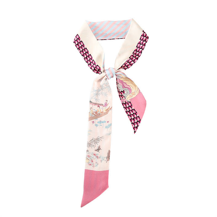 Buddha Stones Dunhuang Frescoes Mountains Sunset Floral Pattern 100% Mulberry Twilly Silk Neck Hair Scarf - Antique Maid-Pink - image 3