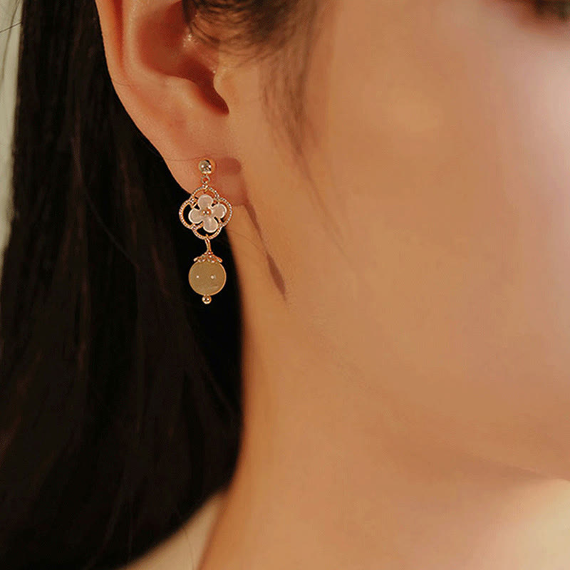 Buddha Stones Tridacna Stone Flower Jade Bead Blessing Drop Earrings - image 9