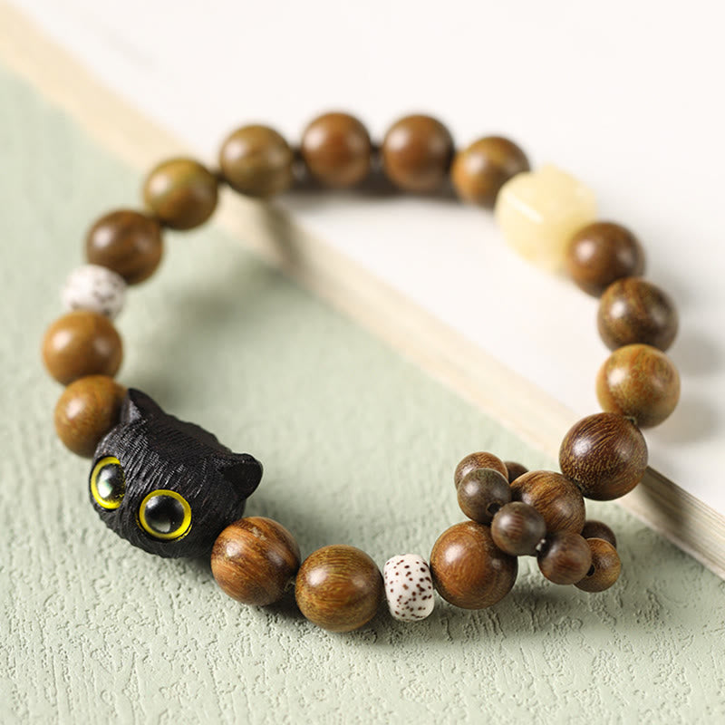 Buddha Stones Green Sandalwood Ebony Wood Cat Peace Soothing Bracelet - Green Sandalwood(Cure♥Positive)(Wrist Circumference 14-17cm) - image 0