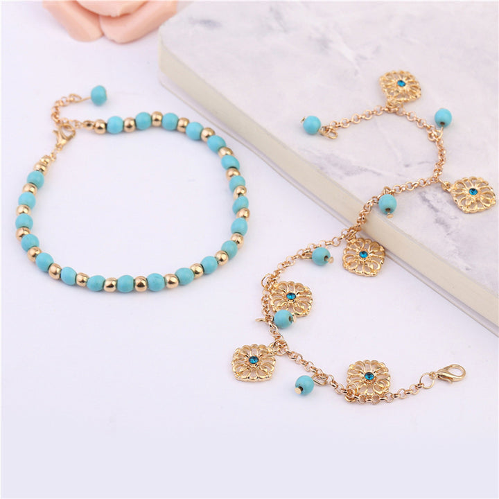 2Pcs Turquoise Stone Flower Protection Bracelet Anklet - image 1