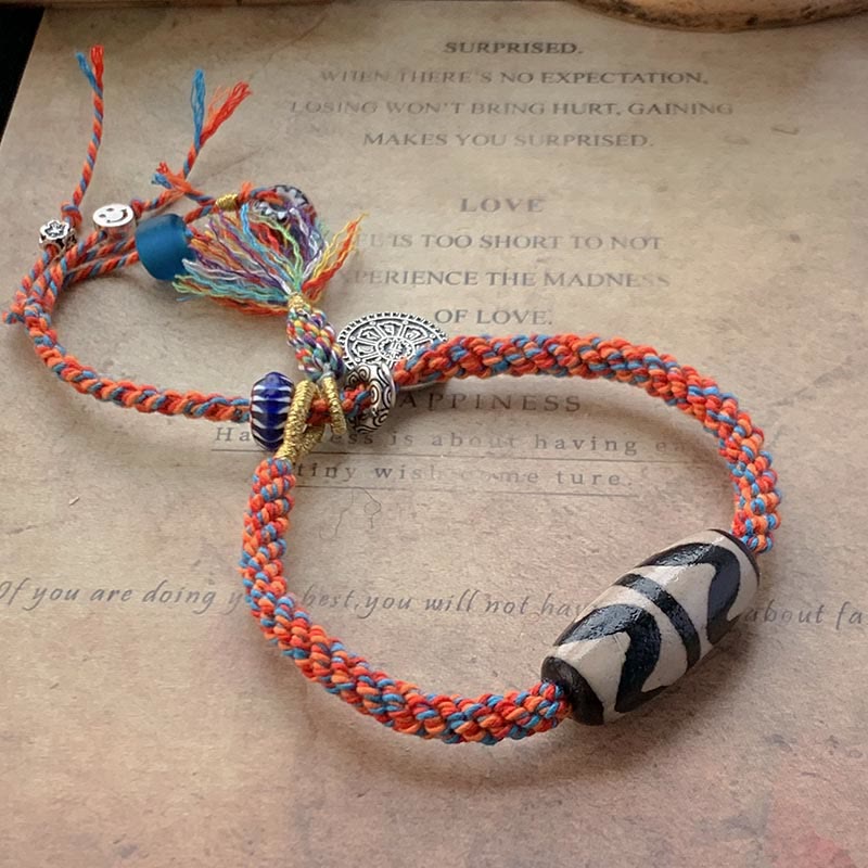Buddha Stones Tibetan 925 Sterling Silver Om Mani Padme Hum Handmade Dzi Bead Protection Braid Bracelet - Red - image 0