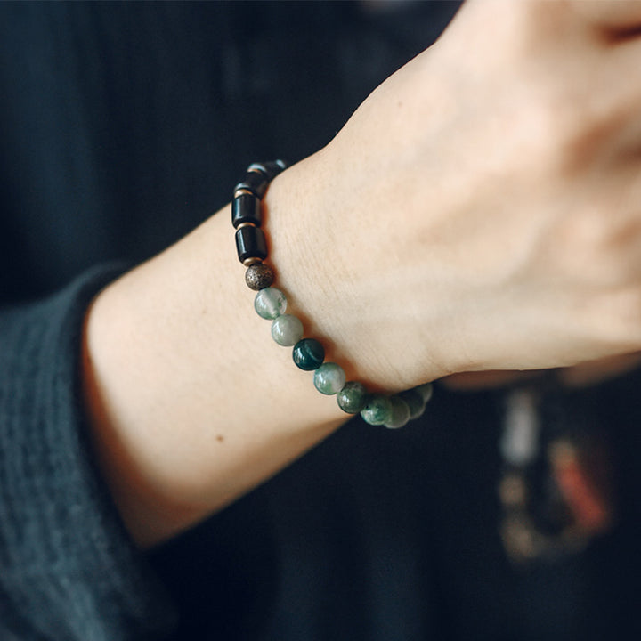 Buddha Stones Ebony Wood Red Jasper Moss Agate Crystal Copper Peace Couple Bracelet - image 7