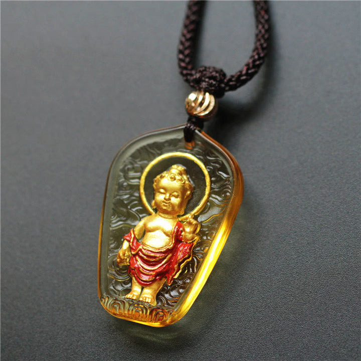 Buddha Stones Tibetan Buddha Liuli Crystal Serenity Necklace Pendant - Yellow Kasaya Buddha - image 0