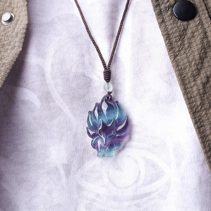 Buddha Stones Natural Fluorite Gold Sheen Obsidian Fox Pendant Protection Necklace - image 4