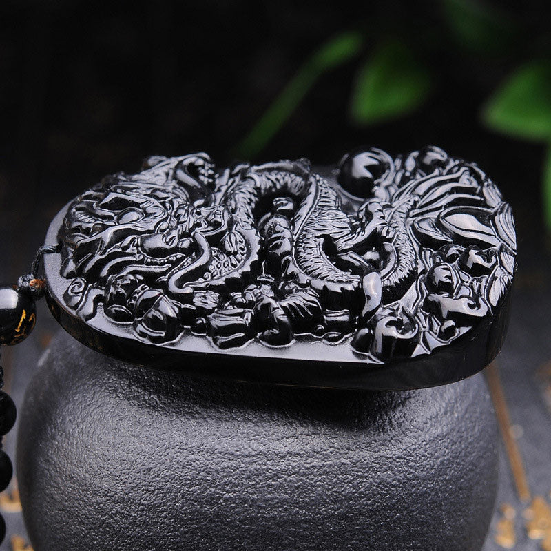 Buddha Stones Black Obsidian Stone Dragon Fulfilment Pendant Necklace - image 3