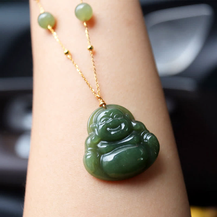 Buddha Stones Laughing Buddha Hetian Jade Luck Necklace Bead Chain Pendant - Jade (Prosperity ♥ Abundance) - image 0