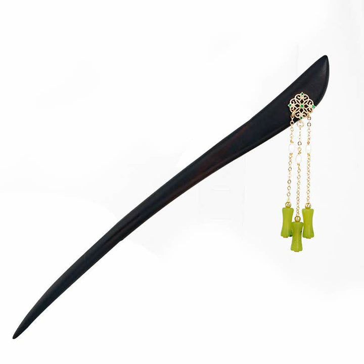 Buddha Stones Natural Peridot Ebony Wood Love Tassels Hairpin - image 7