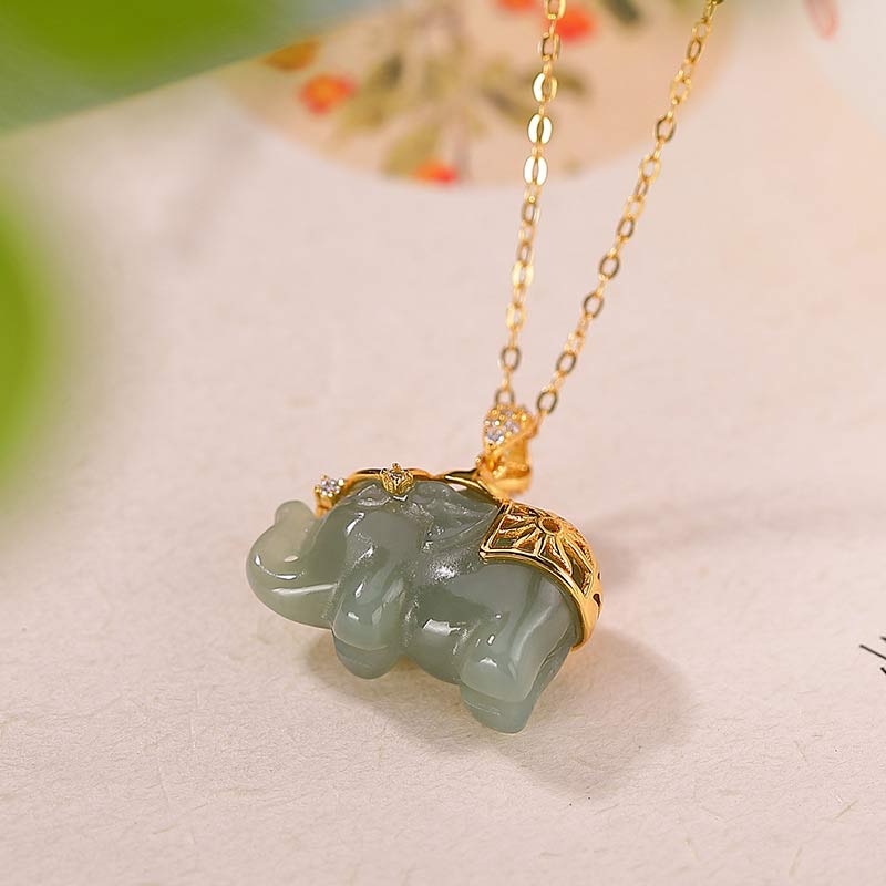 Buddha Stones 925 Sterling Silver Jade Elephant Blessing Fortune Necklace Chain Pendant - image 4