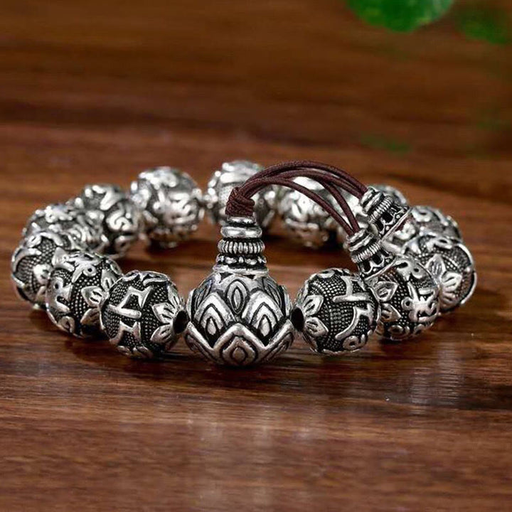 Buddha Stones Tibetan Om Mani Padme Hum Carved Alloy Beads Amulet Bracelet - Antique Silver - 16mm(Wrist Circumference 16-20cm) - image 2
