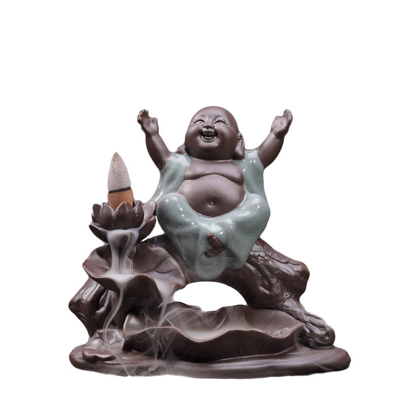Buddha Stones Little Monk Ceramic Lotus Blessing Incense Burner Decoration - image 2