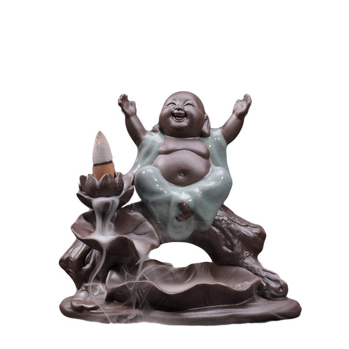 Buddha Stones Little Monk Ceramic Lotus Blessing Incense Burner Decoration - image 2
