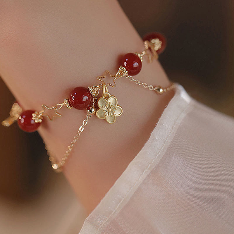 Buddha Stones 14k Gold Plated Red Agate Star Flower Charm Calm Bracelet - image 3