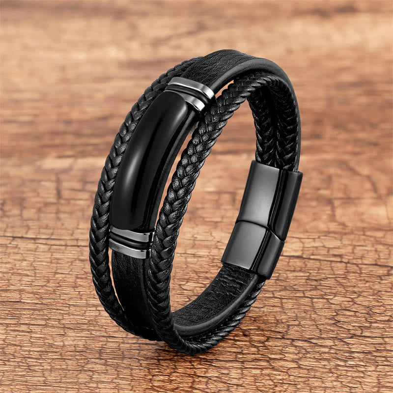 Buddha Stones Natural Stone Green Agate Power Multilayered Braided Leather Bracelet - Black Onyx - 23cm - image 5