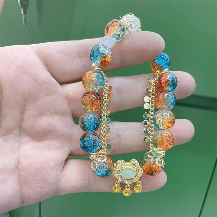 Buddha Stones Colorful Liuli Glass Bead Chinese Lock Charm Fortune Bracelet - image 11