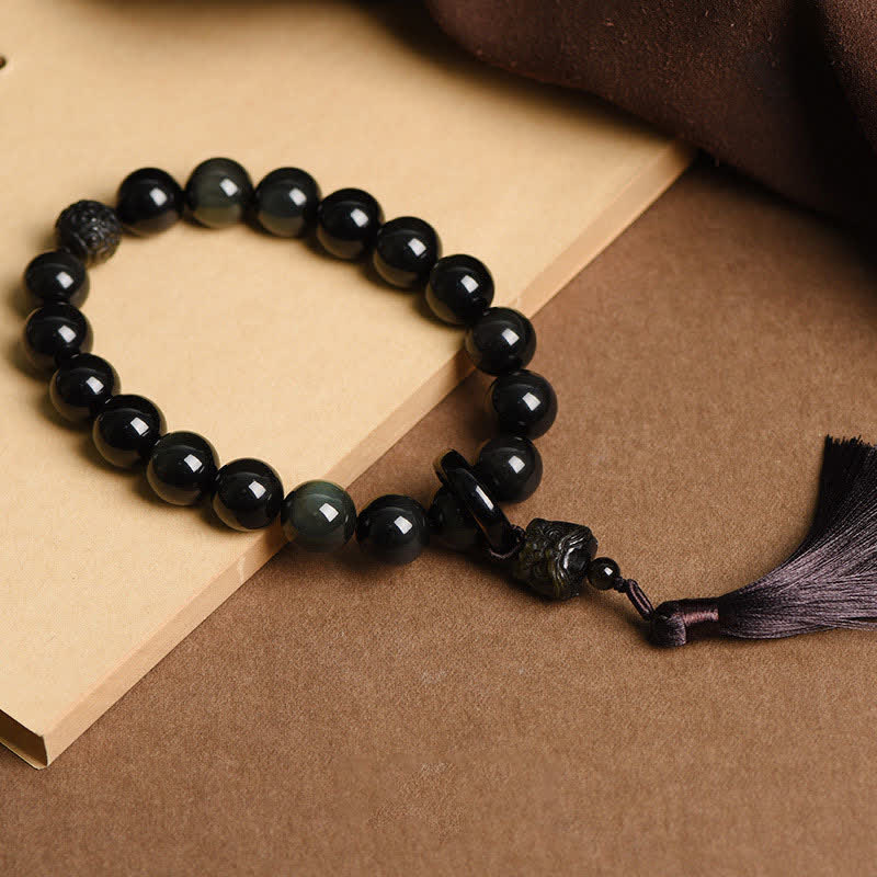 Buddha Stones Natural Black Obsidian Lion Wrist Mala Protection Tassels Pocket Mala Car Decoration - image 1