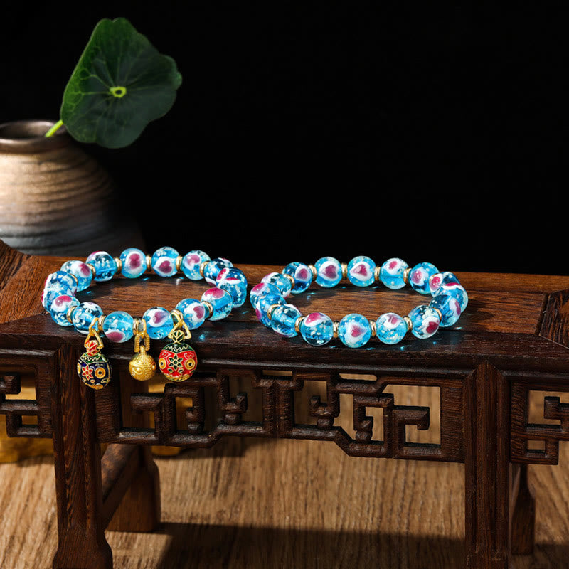 Buddha Stones Gold Swallowing Beast Family Pink Love Heart Luminous Fluorescent Liuli Glass Bead Bracelet - image 7