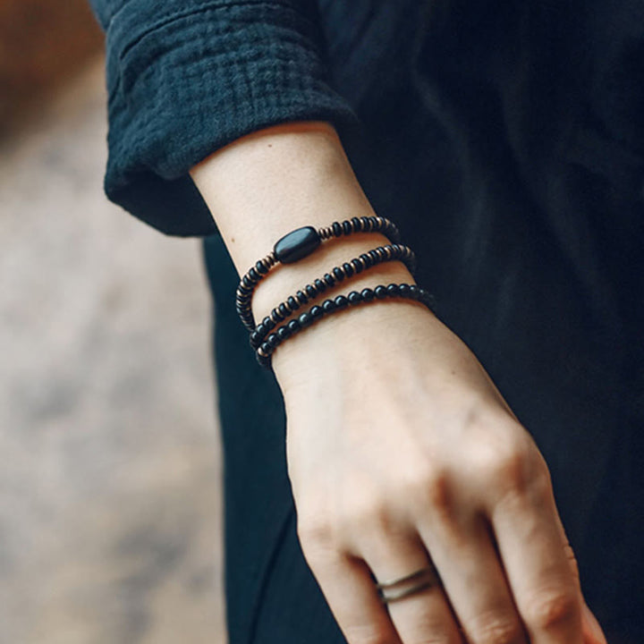 Buddha Stones Rainbow Obsidian Ebony Wood Copper Healing Triple Wrap Bracelet - image 13