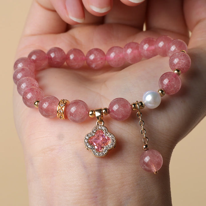 Buddha Stones Strawberry Quartz Pearl Four Leaf Clover Charm Healing Bracelet - image 4