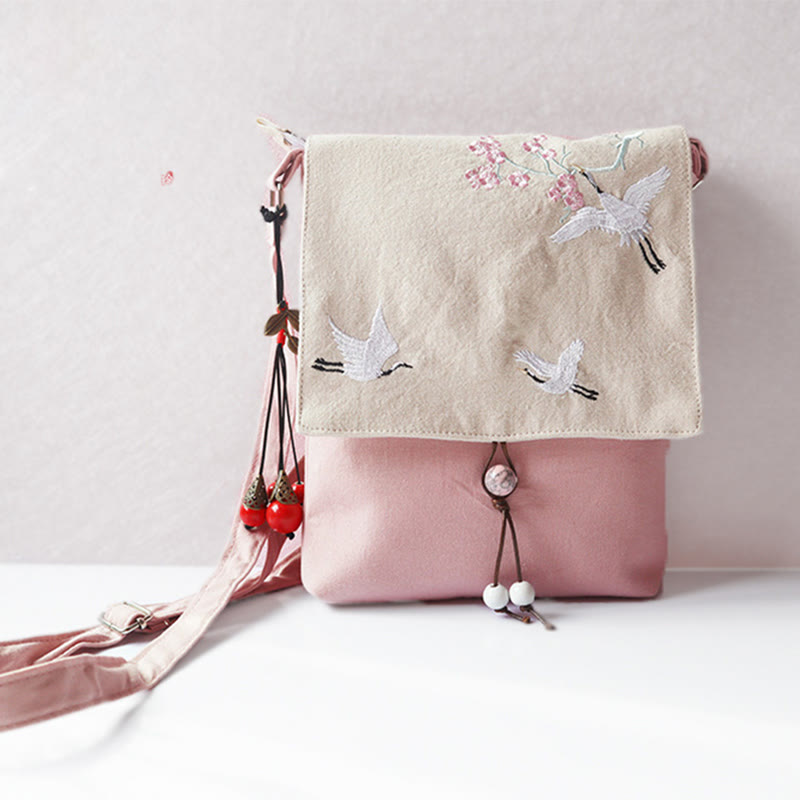 Buddha Stones Handmade Embroidered Plum Flowers Canvas Crossbody Bag Shoulder Bag Handbag - Light Pink Crane 20*23cm - image 10