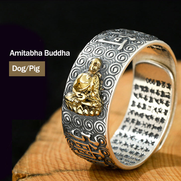 Buddha Stones Chinese Zodiac Natal Buddha Wealth Luck Adjustable Ring - Amitabha Buddha-Dog/Pig - image 25