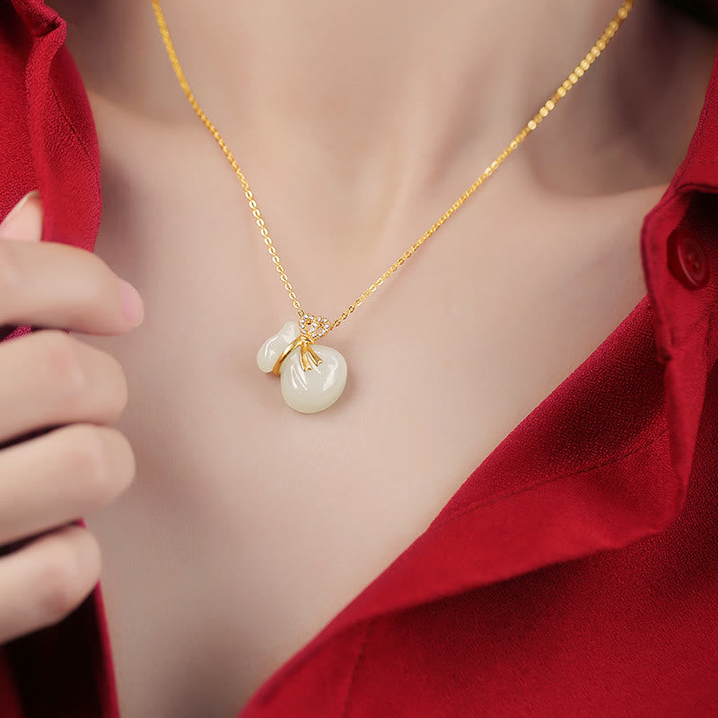 Buddha Stones Natural Hetian White Jade Luck Money Bag Necklace Pendant - image 5