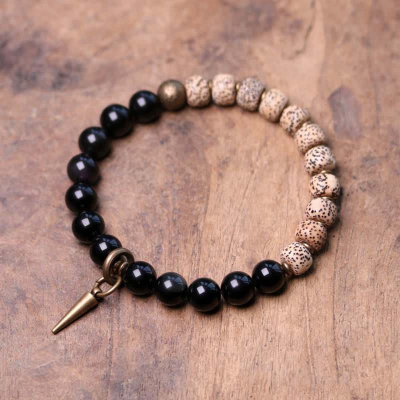 Buddha Stones Tibetan Bodhi Seed Black Obsidian Ebony Wood Copper Peace Bracelet - Bodhi Seed&Black Obsidian - 18cm - image 0