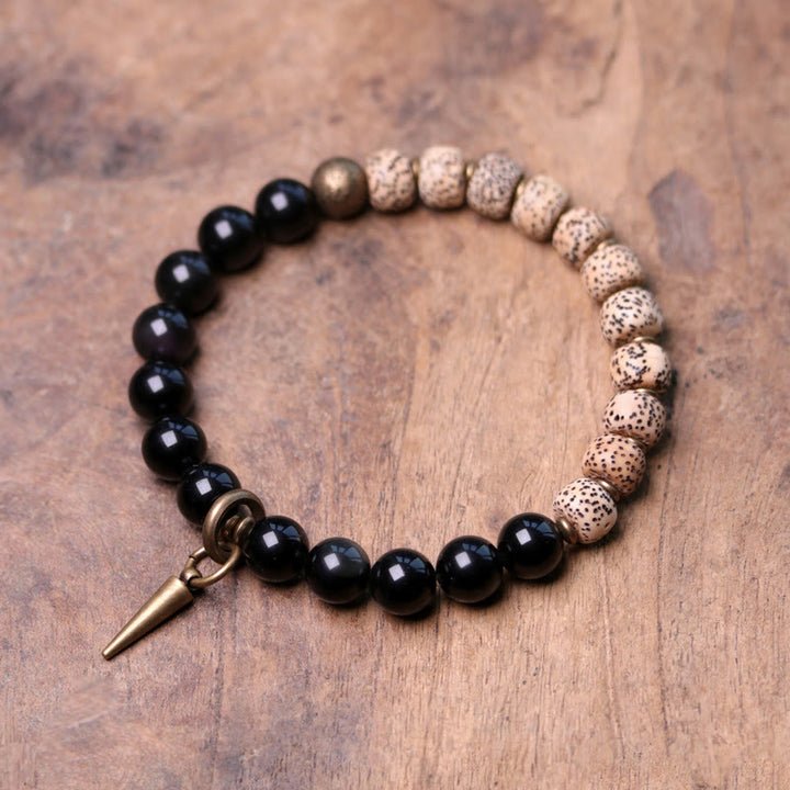 Buddha Stones Tibetan Bodhi Seed Black Obsidian Ebony Wood Copper Peace Bracelet - Bodhi Seed&Black Obsidian - 18cm - image 0