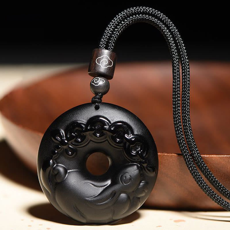 Buddha Stones Chinese Zodiac Natural Black Obsidian Peace Buckle Strength Necklace Pendant - Rabbit - image 0