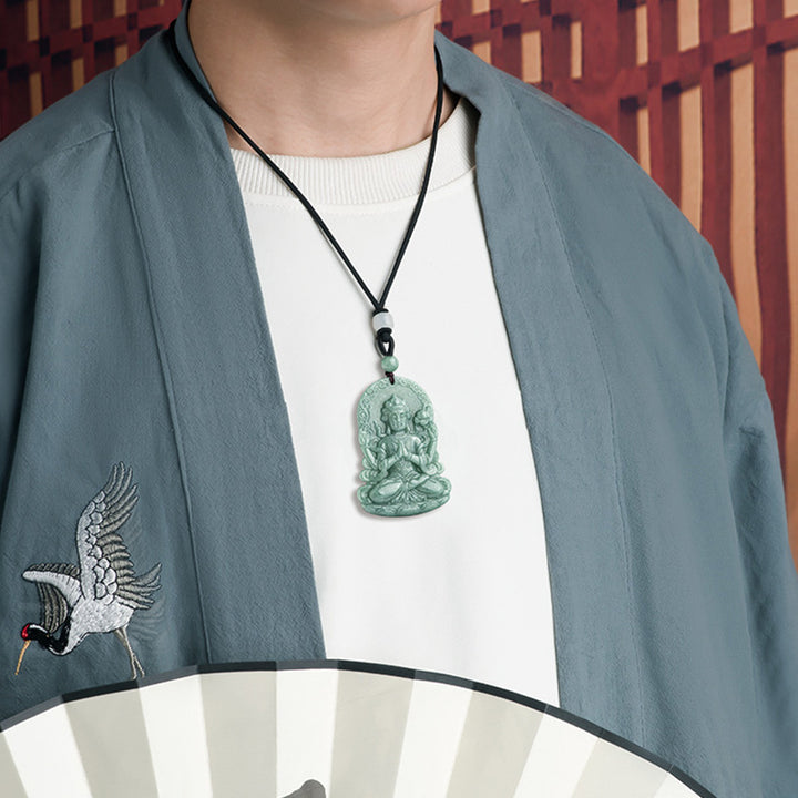 Buddha Stones Four-armed Avalokitesvara Natural Jade Amulet Blessing String Necklace - image 1