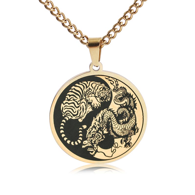 Buddha Stones Tiger Dragon Titanium Steel Chain Necklace Harmony Pendant - Gold - image 6